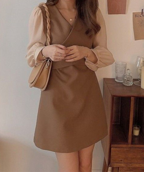 c.u.l(シーユーエル)の「ブラウス レイヤード風ミニワンピース culw365(ワンピース・レディース・ベージュ/ブラック・M/L)」の8枚目の写真