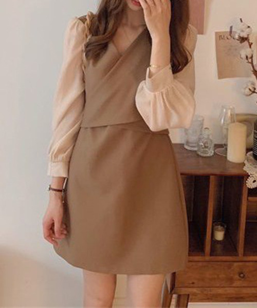 c.u.l(シーユーエル)の「ブラウス レイヤード風ミニワンピース culw365(ワンピース・レディース・ベージュ/ブラック・M/L)」の11枚目の写真