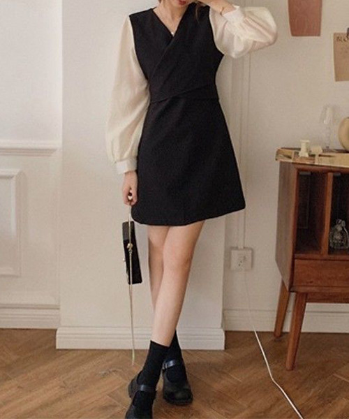 c.u.l(シーユーエル)の「ブラウス レイヤード風ミニワンピース culw365(ワンピース・レディース・ベージュ/ブラック・M/L)」の12枚目の写真