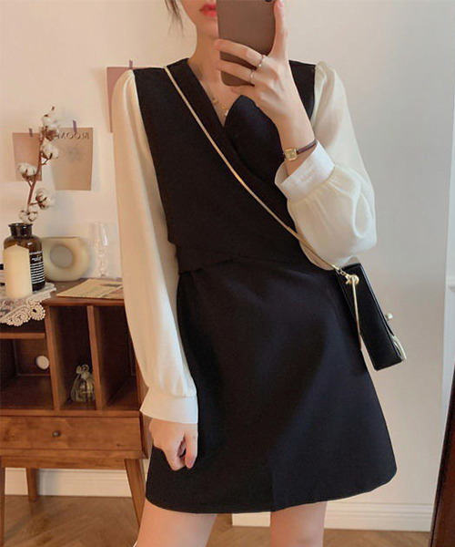 c.u.l(シーユーエル)の「ブラウス レイヤード風ミニワンピース culw365(ワンピース・レディース・ベージュ/ブラック・M/L)」の13枚目の写真