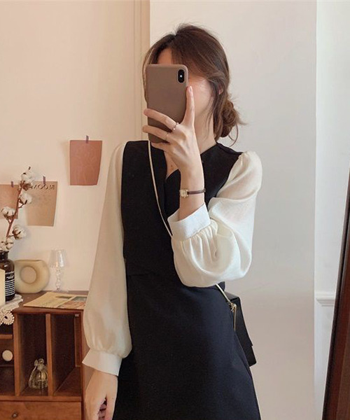 c.u.l(シーユーエル)の「ブラウス レイヤード風ミニワンピース culw365(ワンピース・レディース・ベージュ/ブラック・M/L)」の14枚目の写真