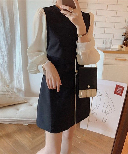 c.u.l(シーユーエル)の「ブラウス レイヤード風ミニワンピース culw365(ワンピース・レディース・ベージュ/ブラック・M/L)」の15枚目の写真