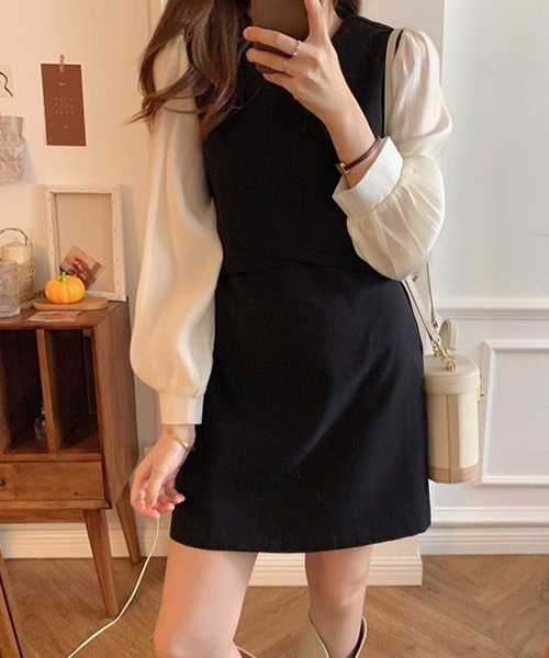 c.u.l(シーユーエル)の「ブラウス レイヤード風ミニワンピース culw365(ワンピース・レディース・ベージュ/ブラック・M/L)」の17枚目の写真