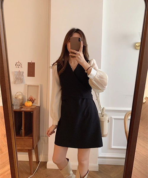 c.u.l(シーユーエル)の「ブラウス レイヤード風ミニワンピース culw365(ワンピース・レディース・ベージュ/ブラック・M/L)」の18枚目の写真