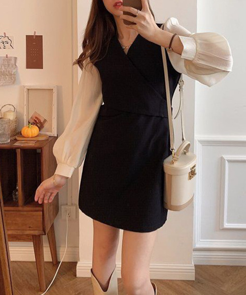 c.u.l(シーユーエル)の「ブラウス レイヤード風ミニワンピース culw365(ワンピース・レディース・ベージュ/ブラック・M/L)」の19枚目の写真