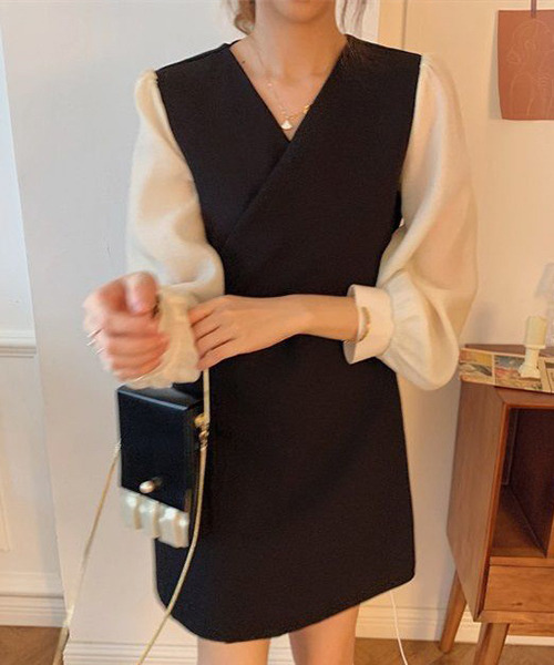 c.u.l(シーユーエル)の「ブラウス レイヤード風ミニワンピース culw365(ワンピース・レディース・ベージュ/ブラック・M/L)」の20枚目の写真