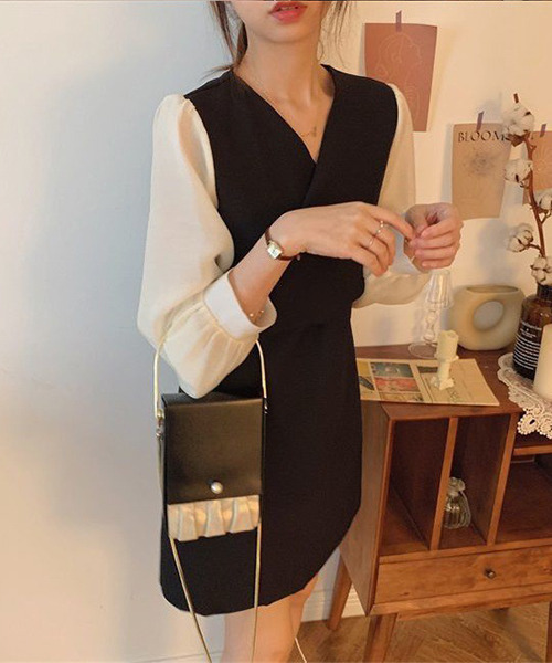 c.u.l(シーユーエル)の「ブラウス レイヤード風ミニワンピース culw365(ワンピース・レディース・ベージュ/ブラック・M/L)」の22枚目の写真