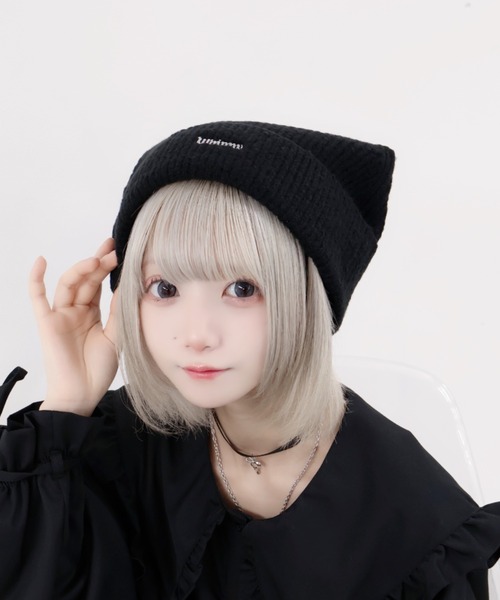 Whinny(ホワイニー)の「Whinny/最強ねこパンチ帽(ニットキャップ/ビーニー・レディース・ホワイト/ブラック・FREE)」の6枚目の写真