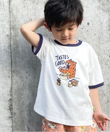 MAKE YOUR DAY（メイクユアデイ）の「ヒョウの朝ごはんリンガー半袖Tシャツ■80～140cm（Tシャツ/カットソー）」