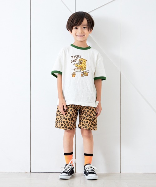 MAKE YOUR DAY（メイクユアデイ）の「ヒョウの朝ごはんリンガー半袖Tシャツ■80～140cm（Tシャツ/カットソー・キッズ・グリーン/ネイビー・80/90/100/110/120/130/140）」の5枚目の写真