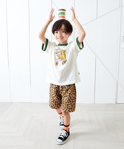 MAKE YOUR DAY（メイクユアデイ）の「ヒョウの朝ごはんリンガー半袖Tシャツ■80～140cm（Tシャツ/カットソー・キッズ・グリーン/ネイビー・80/90/100/110/120/130/140）」の7枚目の写真