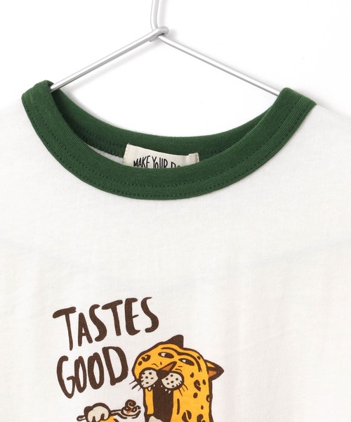 MAKE YOUR DAY（メイクユアデイ）の「ヒョウの朝ごはんリンガー半袖Tシャツ■80～140cm（Tシャツ/カットソー・キッズ・グリーン/ネイビー・80/90/100/110/120/130/140）」の11枚目の写真