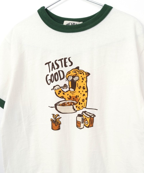 MAKE YOUR DAY（メイクユアデイ）の「ヒョウの朝ごはんリンガー半袖Tシャツ■80～140cm（Tシャツ/カットソー・キッズ・グリーン/ネイビー・80/90/100/110/120/130/140）」の12枚目の写真