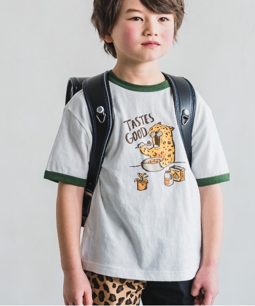 MAKE YOUR DAY（メイクユアデイ）の「ヒョウの朝ごはんリンガー半袖Tシャツ■80～140cm（Tシャツ/カットソー・キッズ・グリーン/ネイビー・80/90/100/110/120/130/140）」の15枚目の写真