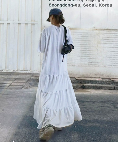 Dalfwin（ダールフィン）の「韓国ファッション 半袖ティアードワンピース（ワンピース・レディース・グレー/アイボリー/ブラック・FREE）」の6枚目の写真