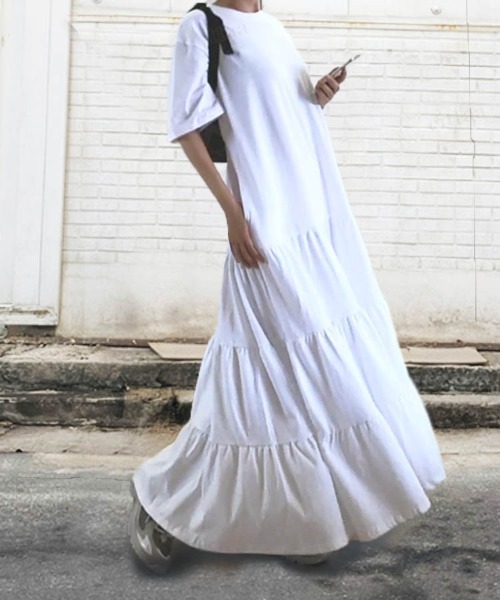 Dalfwin（ダールフィン）の「韓国ファッション 半袖ティアードワンピース（ワンピース・レディース・グレー/アイボリー/ブラック・FREE）」の8枚目の写真