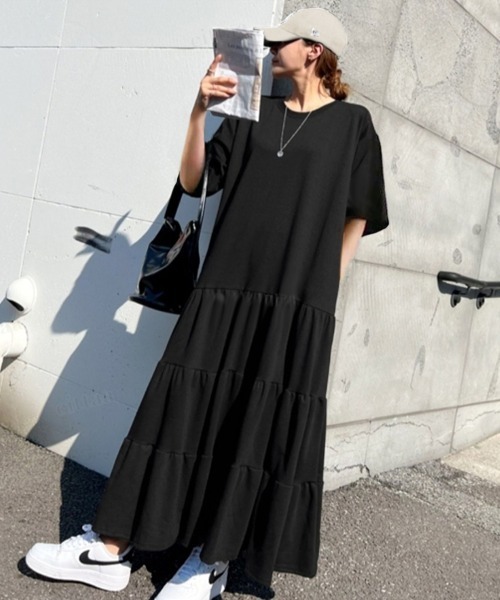 Dalfwin（ダールフィン）の「韓国ファッション 半袖ティアードワンピース（ワンピース・レディース・グレー/アイボリー/ブラック・FREE）」の14枚目の写真