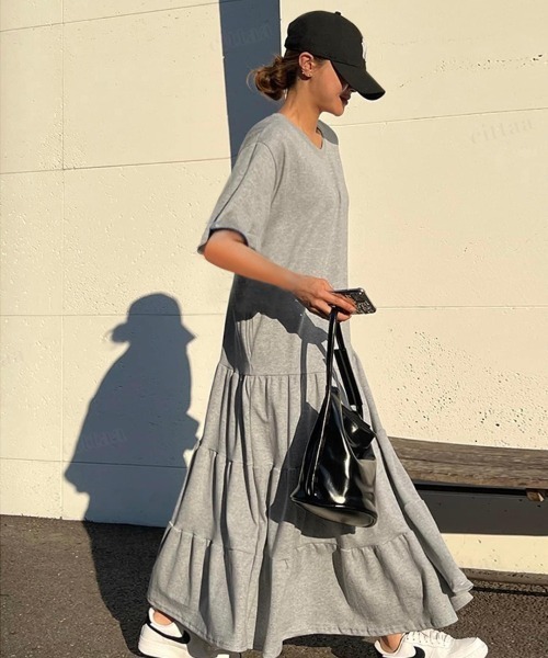 Dalfwin（ダールフィン）の「韓国ファッション 半袖ティアードワンピース（ワンピース・レディース・グレー/アイボリー/ブラック・FREE）」の18枚目の写真