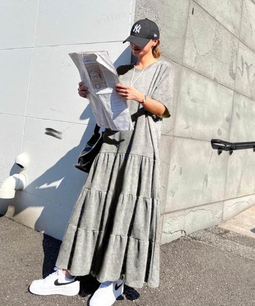 Dalfwin（ダールフィン）の「韓国ファッション 半袖ティアードワンピース（ワンピース・レディース・グレー/アイボリー/ブラック・FREE）」の19枚目の写真