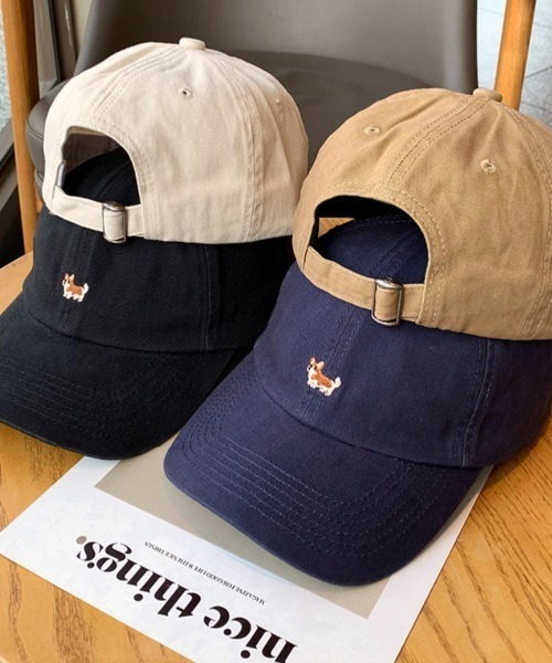 ギンガムチェックキャップ 犬刺繍付き キャップ 帽子 gray グレイ ドッグ 犬 刺繍