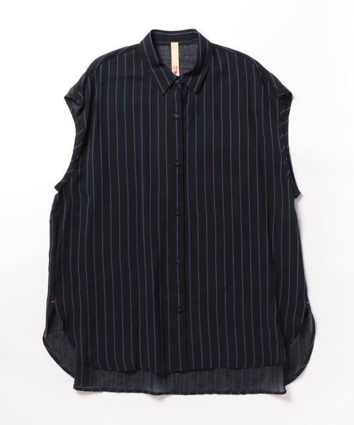 Q（キュー）の「袖スリットストライプシアーシャツ（シャツ/ブラウス・レディース・ネイビー系/カーキ系・MEDIUM）」の7枚目の写真