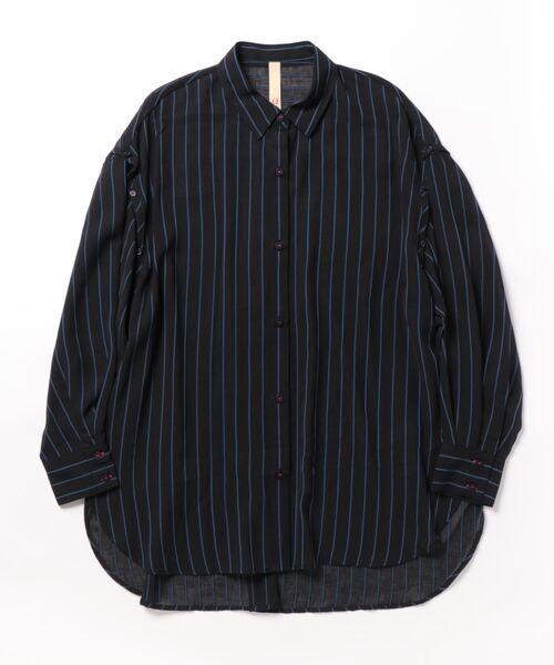 Q（キュー）の「袖スリットストライプシアーシャツ（シャツ/ブラウス・レディース・ネイビー系/カーキ系・MEDIUM）」の4枚目の写真