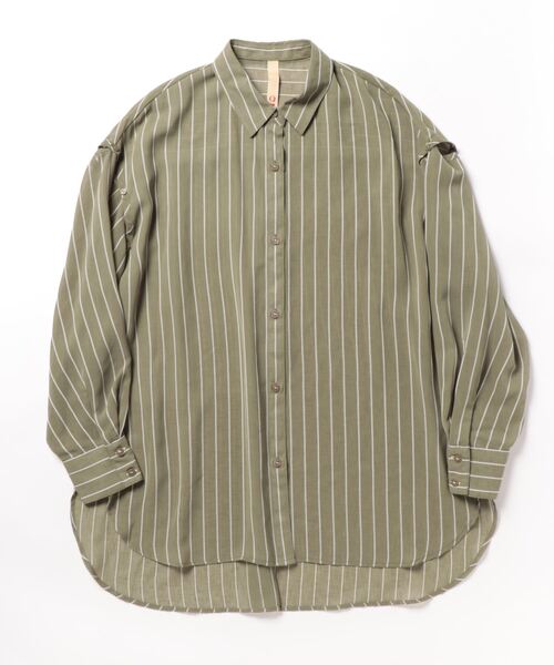 Q（キュー）の「袖スリットストライプシアーシャツ（シャツ/ブラウス・レディース・ネイビー系/カーキ系・MEDIUM）」の5枚目の写真