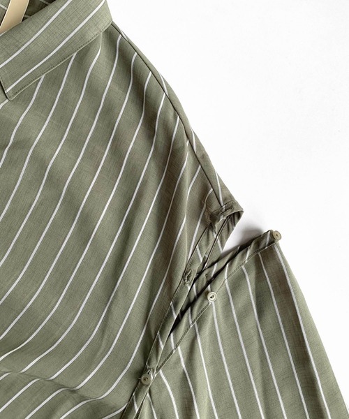 Q（キュー）の「袖スリットストライプシアーシャツ（シャツ/ブラウス・レディース・ネイビー系/カーキ系・MEDIUM）」の9枚目の写真