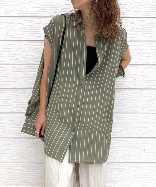 Q（キュー）の「袖スリットストライプシアーシャツ（シャツ/ブラウス・レディース・ネイビー系/カーキ系・MEDIUM）」の18枚目の写真