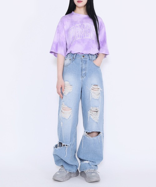 Figments（フィグメンツ）の「デストロイバギーデニムパンツ（デニムパンツ・レディース・ライトブルー/ブラック・SMALL/MEDIUM/LARGE）」の9枚目の写真