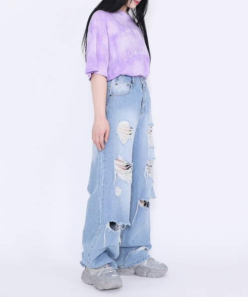 Figments（フィグメンツ）の「デストロイバギーデニムパンツ（デニムパンツ・レディース・ライトブルー/ブラック・SMALL/MEDIUM/LARGE）」の10枚目の写真