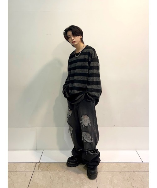 Figments（フィグメンツ）の「デストロイバギーデニムパンツ（デニムパンツ・レディース・ライトブルー/ブラック・SMALL/MEDIUM/LARGE）」の15枚目の写真