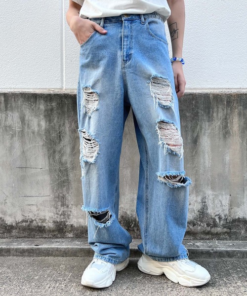 Figments（フィグメンツ）の「デストロイバギーデニムパンツ（デニムパンツ・レディース・ライトブルー/ブラック・SMALL/MEDIUM/LARGE）」の21枚目の写真