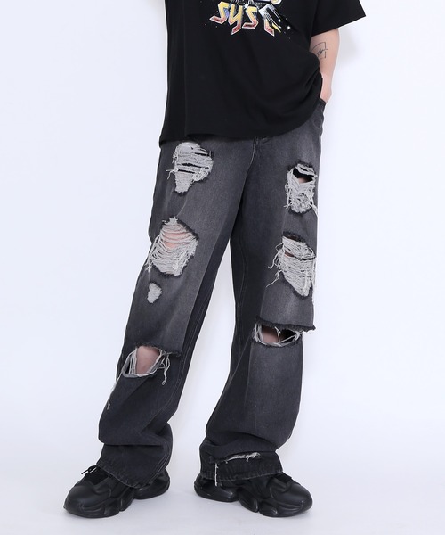 Figments（フィグメンツ）の「デストロイバギーデニムパンツ（デニムパンツ・レディース・ライトブルー/ブラック・SMALL/MEDIUM/LARGE）」の18枚目の写真