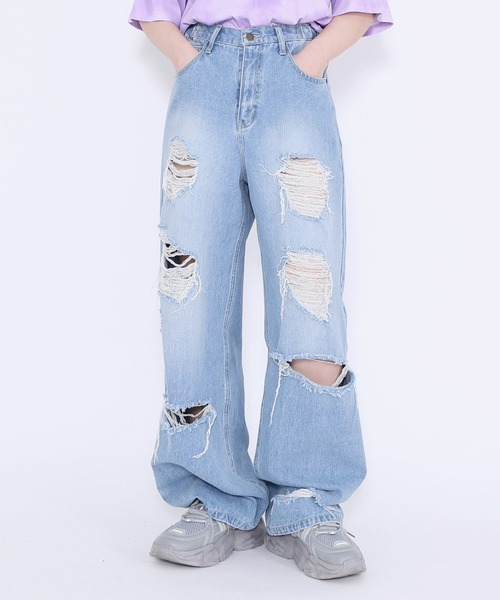 Figments（フィグメンツ）の「デストロイバギーデニムパンツ（デニムパンツ・レディース・ライトブルー/ブラック・SMALL/MEDIUM/LARGE）」の19枚目の写真