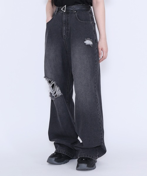 Figments（フィグメンツ）の「ダメージバギーデニムパンツ（デニムパンツ・レディース・ライトブルー/ブラック・SMALL/MEDIUM/LARGE）」の22枚目の写真