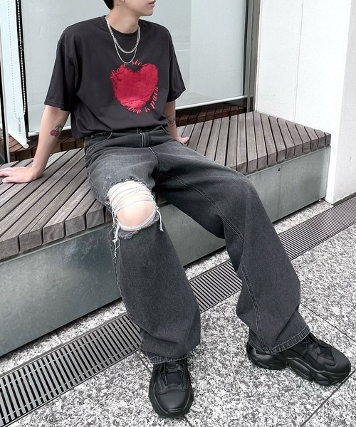 Figments（フィグメンツ）の「ダメージバギーデニムパンツ（デニムパンツ・レディース・ライトブルー/ブラック・SMALL/MEDIUM/LARGE）」の12枚目の写真