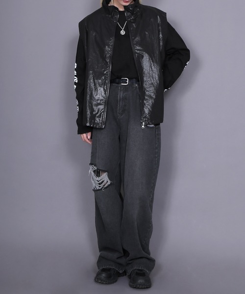 Figments（フィグメンツ）の「ダメージバギーデニムパンツ（デニムパンツ・レディース・ライトブルー/ブラック・SMALL/MEDIUM/LARGE）」の6枚目の写真