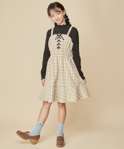JENNI love(ジェニィラブ)の「【ウエスト調整可能】チェックドッキングキャミワンピ(ワンピース・キッズ・ブラック/サックスブルー/ベージュ・130cm/140cm/150cm/160cm)」の8枚目の写真