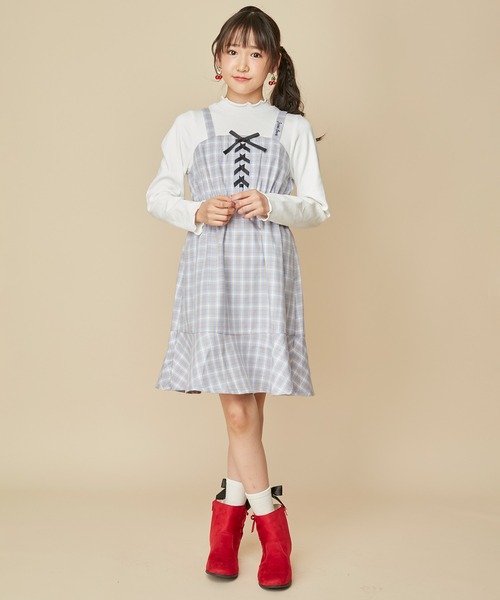 JENNI love(ジェニィラブ)の「【ウエスト調整可能】チェックドッキングキャミワンピ(ワンピース・キッズ・ブラック/サックスブルー/ベージュ・130cm/140cm/150cm/160cm)」の12枚目の写真