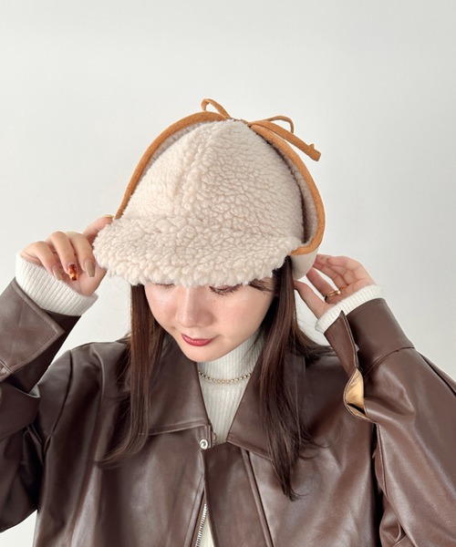 CLEA(クレア)の「ボアパイピングフライトキャップ(キャップ・レディース・ブラウン/アイボリー/ベージュ/ブラック・FREE)」の8枚目の写真