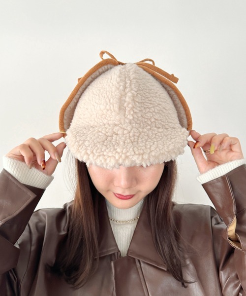 CLEA(クレア)の「ボアパイピングフライトキャップ(キャップ・レディース・ブラウン/アイボリー/ベージュ/ブラック・FREE)」の7枚目の写真