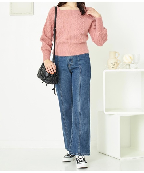 CHILLE（チル）の「スクエアネックケーブルニット パフスリーブ長袖（ニット/セーター・レディース・ピンク/ピンクベージュ/アイボリー・FREE）」の14枚目の写真