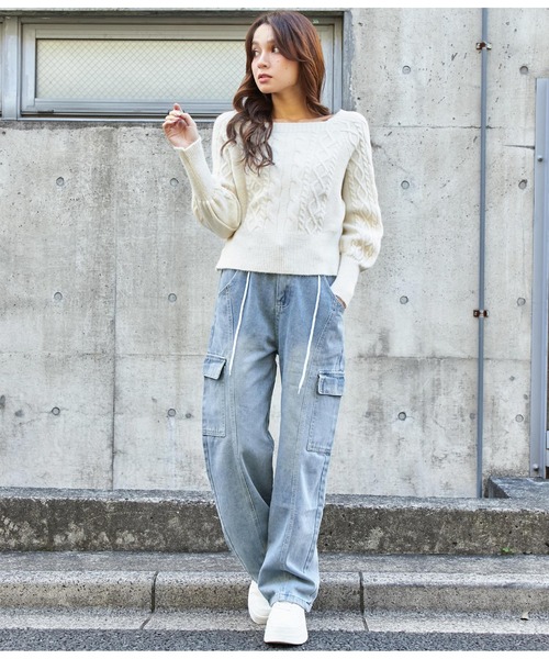 CHILLE（チル）の「スクエアネックケーブルニット パフスリーブ長袖（ニット/セーター・レディース・ピンク/ピンクベージュ/アイボリー・FREE）」の20枚目の写真