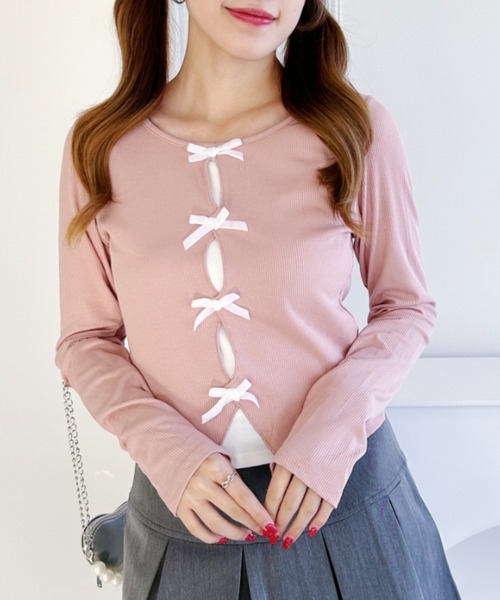 tシャツ リボンレイヤードカットトップス レディース Chico tシャツ フロントリボンレイヤードレーストップス