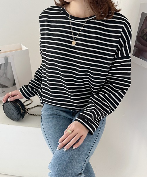 COCOMOMO(ココモモ)の「オーバーサイズ長袖ボーダーカットソー(Tシャツ/カットソー・レディース・ホワイト/ブラック系その他/ブラック/オレンジ/ブルー/ブラウン/グリーン・L/M)」の4枚目の写真