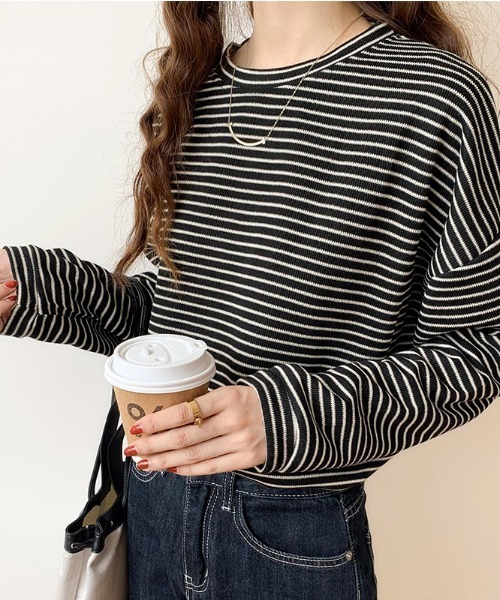 COCOMOMO(ココモモ)の「オーバーサイズ長袖ボーダーカットソー(Tシャツ/カットソー・レディース・ホワイト/ブラック系その他/ブラック/オレンジ/ブルー/ブラウン/グリーン・L/M)」の3枚目の写真