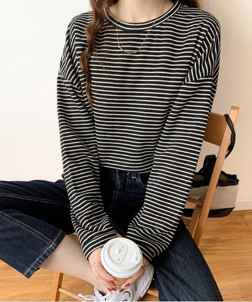 COCOMOMO(ココモモ)の「オーバーサイズ長袖ボーダーカットソー(Tシャツ/カットソー・レディース・ホワイト/ブラック系その他/ブラック/オレンジ/ブルー/ブラウン/グリーン・L/M)」の11枚目の写真