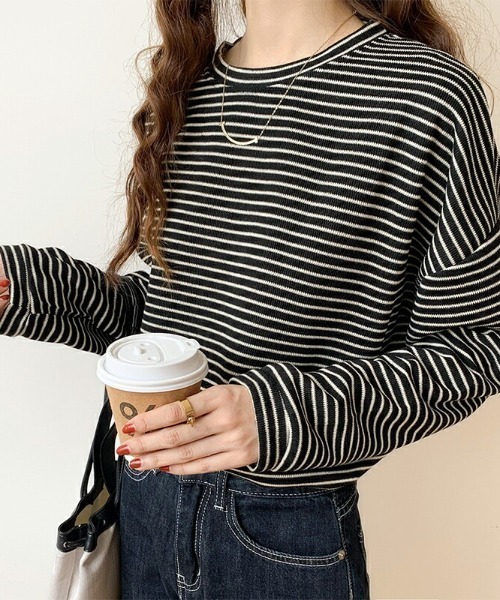 COCOMOMO(ココモモ)の「オーバーサイズ長袖ボーダーカットソー(Tシャツ/カットソー・レディース・ホワイト/ブラック系その他/ブラック/オレンジ/ブルー/ブラウン/グリーン・L/M)」の13枚目の写真