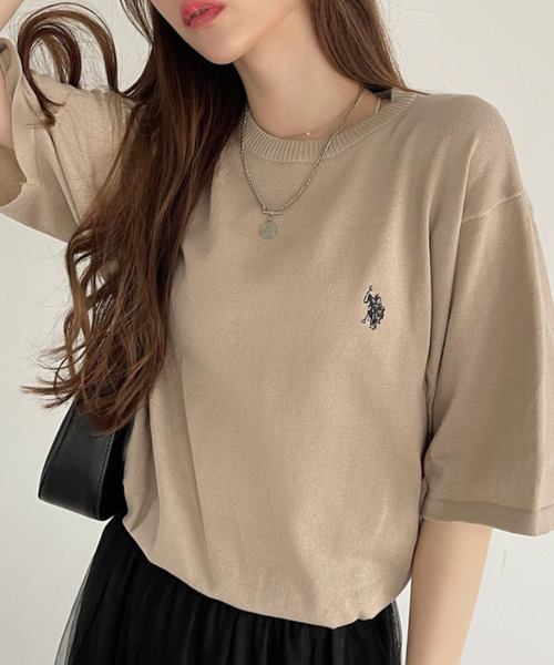 カーキ　XSサイズ　POLO レディース　サマーニット セール】Ada// U.S. POLO ASSN. オーバーサイズ クルーネック